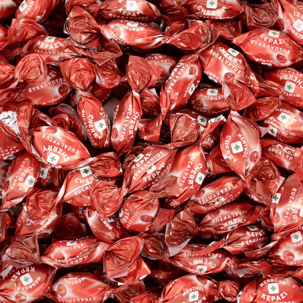 Caramels with menthol, eucalyptus, and cherry