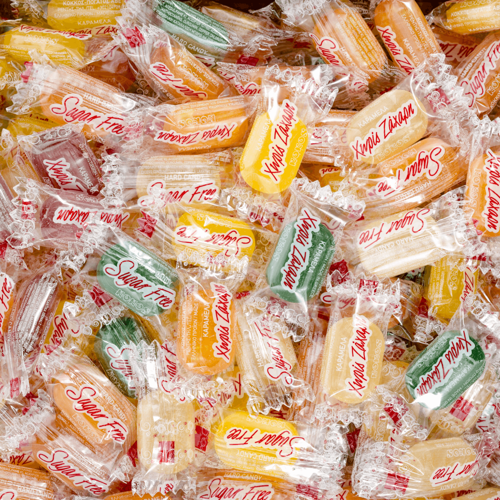 Sugar-free crystal candies with various fruit flavors